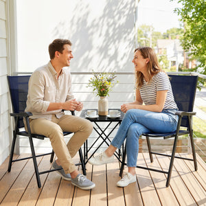 Folding Garden Chairs Set of 2, Foldable Garden Dining Chairs with High Back and Armrests, Breathable Texteline Folding Outdoor Chair Set with Metal Frame for Patio, Balcony, Navy Blue