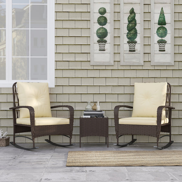3 Pieces Rattan Bistro Set, Wicker Garden Furniture Set with Cushions, Glass Top Coffee Table and Rocking Chairs, Small Balcony Furniture for Outdoor, Porch, Brown