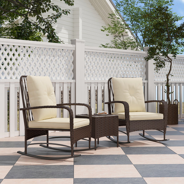 3 Pieces Rattan Bistro Set, Wicker Garden Furniture Set with Cushions, Glass Top Coffee Table and Rocking Chairs, Small Balcony Furniture for Outdoor, Porch, Brown