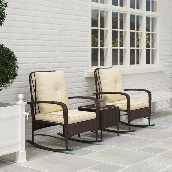 3 Pieces Rattan Bistro Set, Wicker Garden Furniture Set with Cushions, Glass Top Coffee Table and Rocking Chairs, Small Balcony Furniture for Outdoor, Porch, Brown