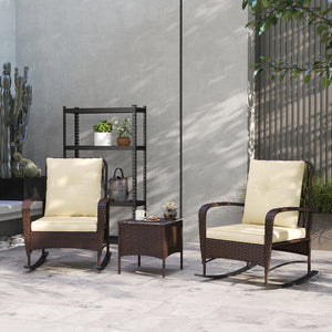 3 Pieces Rattan Bistro Set, Wicker Garden Furniture Set with Cushions, Glass Top Coffee Table and Rocking Chairs, Small Balcony Furniture for Outdoor, Porch, Brown