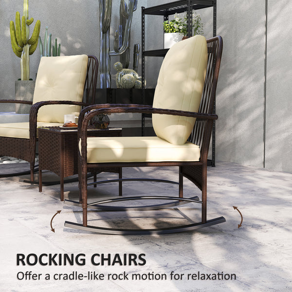 3 Pieces Rattan Bistro Set, Wicker Garden Furniture Set with Cushions, Glass Top Coffee Table and Rocking Chairs, Small Balcony Furniture for Outdoor, Porch, Brown
