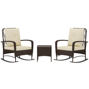 3 Pieces Rattan Bistro Set, Wicker Garden Furniture Set with Cushions, Glass Top Coffee Table and Rocking Chairs, Small Balcony Furniture for Outdoor, Porch, Brown