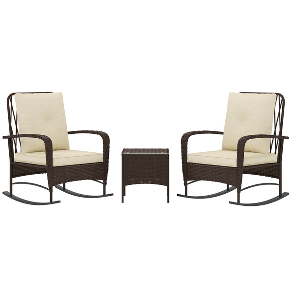 3 Pieces Rattan Bistro Set, Wicker Garden Furniture Set with Cushions, Glass Top Coffee Table and Rocking Chairs, Small Balcony Furniture for Outdoor, Porch, Brown