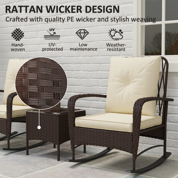 3 Pieces Rattan Bistro Set, Wicker Garden Furniture Set with Cushions, Glass Top Coffee Table and Rocking Chairs, Small Balcony Furniture for Outdoor, Porch, Brown