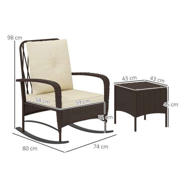 3 Pieces Rattan Bistro Set, Wicker Garden Furniture Set with Cushions, Glass Top Coffee Table and Rocking Chairs, Small Balcony Furniture for Outdoor, Porch, Brown