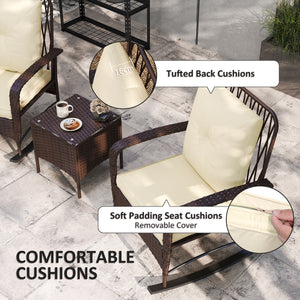 3 Pieces Rattan Bistro Set, Wicker Garden Furniture Set with Cushions, Glass Top Coffee Table and Rocking Chairs, Small Balcony Furniture for Outdoor, Porch, Brown