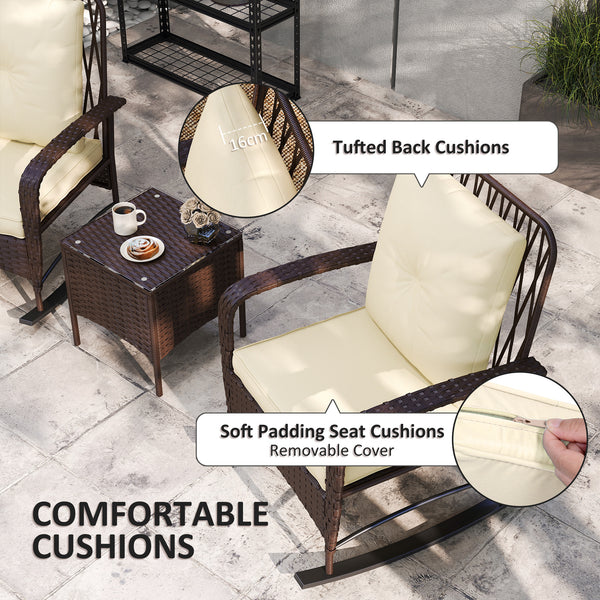 3 Pieces Rattan Bistro Set, Wicker Garden Furniture Set with Cushions, Glass Top Coffee Table and Rocking Chairs, Small Balcony Furniture for Outdoor, Porch, Brown