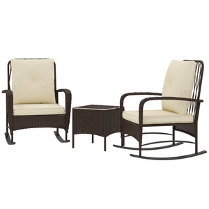3 Pieces Rattan Bistro Set, Wicker Garden Furniture Set with Cushions, Glass Top Coffee Table and Rocking Chairs, Small Balcony Furniture for Outdoor, Porch, Brown