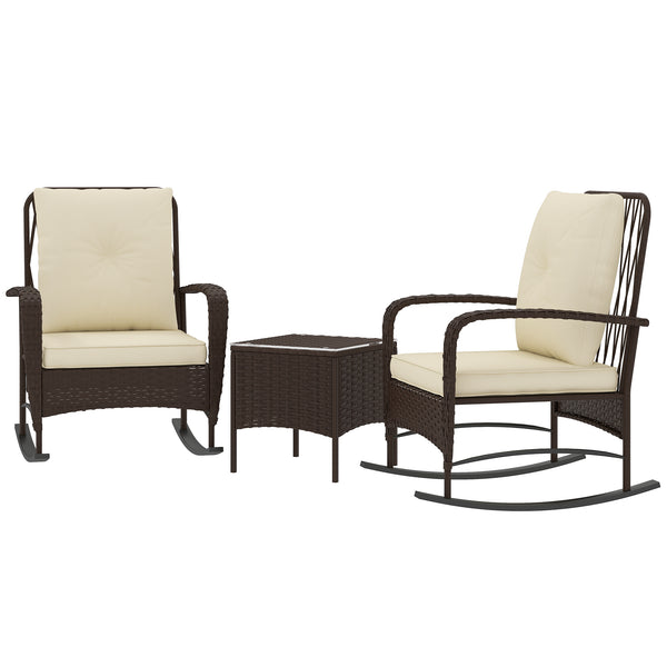 3 Pieces Rattan Bistro Set, Wicker Garden Furniture Set with Cushions, Glass Top Coffee Table and Rocking Chairs, Small Balcony Furniture for Outdoor, Porch, Brown
