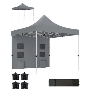 Outsunny 10' x 10' Heavy Duty Pop Up Canopy Tent with Sidewall, UPF50+ Instant Sun Shelter with Storage Pockets, Height Adjustable, with Wheeled Bag, Sand Bags for Outdoor, Patio, Gray