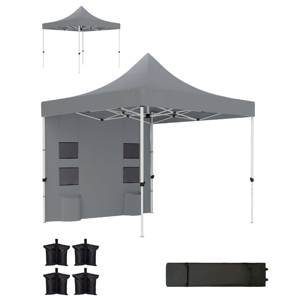 Outsunny 10' x 10' Heavy Duty Pop Up Canopy Tent with Sidewall, UPF50+ Instant Sun Shelter with Storage Pockets, Height Adjustable, with Wheeled Bag, Sand Bags for Outdoor, Patio, Gray