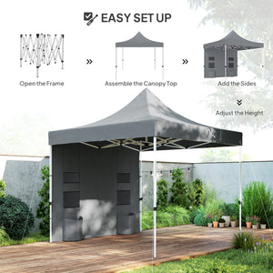 Outsunny 10' x 10' Heavy Duty Pop Up Canopy Tent with Sidewall, UPF50+ Instant Sun Shelter with Storage Pockets, Height Adjustable, with Wheeled Bag, Sand Bags for Outdoor, Patio, Gray