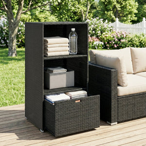 Valet Pool Towel Rack, Water-Resistant PE Plastic Rattan Wicker Storage Organizer, Indoor Outdoor Spa, and Hot Tub Accessory Storage, 2 Shelves, 1 Basket Drawer, Dark Brown