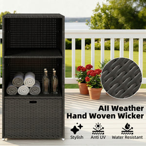 Valet Pool Towel Rack, Water-Resistant PE Plastic Rattan Wicker Storage Organizer, Indoor Outdoor Spa, and Hot Tub Accessory Storage, 2 Shelves, 1 Basket Drawer, Dark Brown