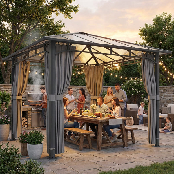3 x 3 m Outdoor Hardtop Gazebo Canopy with Polycarbonate Roof, Waterproof Aluminium Permanent Pavilion Garden Gazebo Patio Shelter with Curtains, Tan
