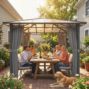 3 x 3 m Outdoor Hardtop Gazebo Canopy with Polycarbonate Roof, Waterproof Aluminium Permanent Pavilion Garden Gazebo Patio Shelter with Curtains, Tan