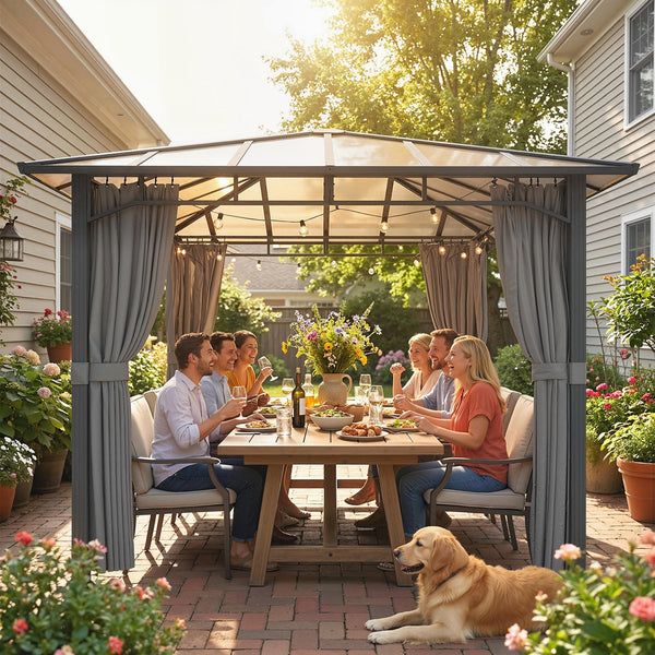 3 x 3 m Outdoor Hardtop Gazebo Canopy with Polycarbonate Roof, Waterproof Aluminium Permanent Pavilion Garden Gazebo Patio Shelter with Curtains, Tan