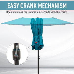 Outsunny Extra Large 15ft Patio Umbrella, Double-Sided Outdoor Umbrella with Crank Handle and Air Vents for Backyard, Deck, Pool, Market, Lake Blue