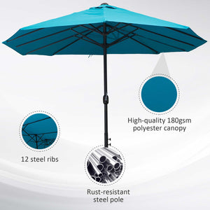 Outsunny Extra Large 15ft Patio Umbrella, Double-Sided Outdoor Umbrella with Crank Handle and Air Vents for Backyard, Deck, Pool, Market, Lake Blue