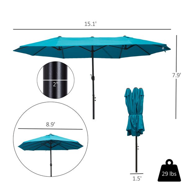 Outsunny Extra Large 15ft Patio Umbrella, Double-Sided Outdoor Umbrella with Crank Handle and Air Vents for Backyard, Deck, Pool, Market, Lake Blue