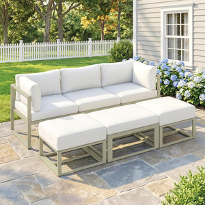 Garden Daybed, 6 Piece Outdoor Sectional Sofa Set, Aluminium Patio Conversation Furniture Set with Coffee Table, Footstool and Cushions, Cream White
