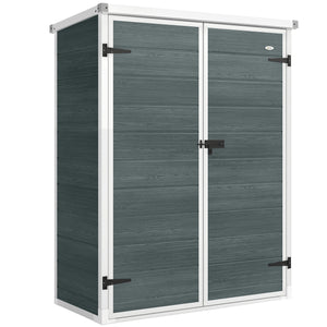 4.4' x 2.3' Plastic Garden Shed, Wood-Effect Outdoor Storage Shed with Floor, 2 Foldable Shelves and Lockable Double Doors for Backyard, Patio, Distressed Grey
