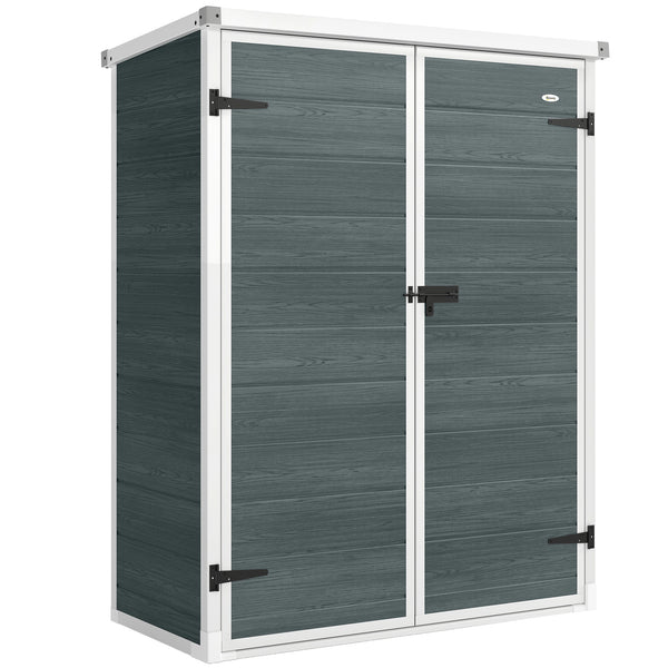 4.4' x 2.3' Plastic Garden Shed, Wood-Effect Outdoor Storage Shed with Floor, 2 Foldable Shelves and Lockable Double Doors for Backyard, Patio, Distressed Grey