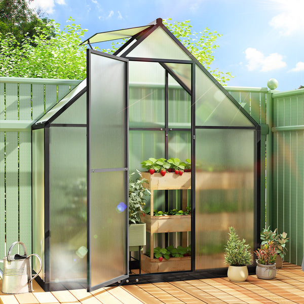 5.5 x 6.5ft Polycarbonate Greenhouse with Swing Door and Adjustable Window, Walk-in Greenhouse Aluminium Garden Green House for Patio Garden Backyard, Black