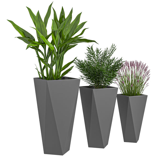 Outsunny Set of 3 Tall Planters, 28.75", 24.5", 20.5", MgO Indoor Outdoor Planters with Drainage Holes, Stackable Flower Pots for Garden, Patio, Balcony, Front Door, Gray