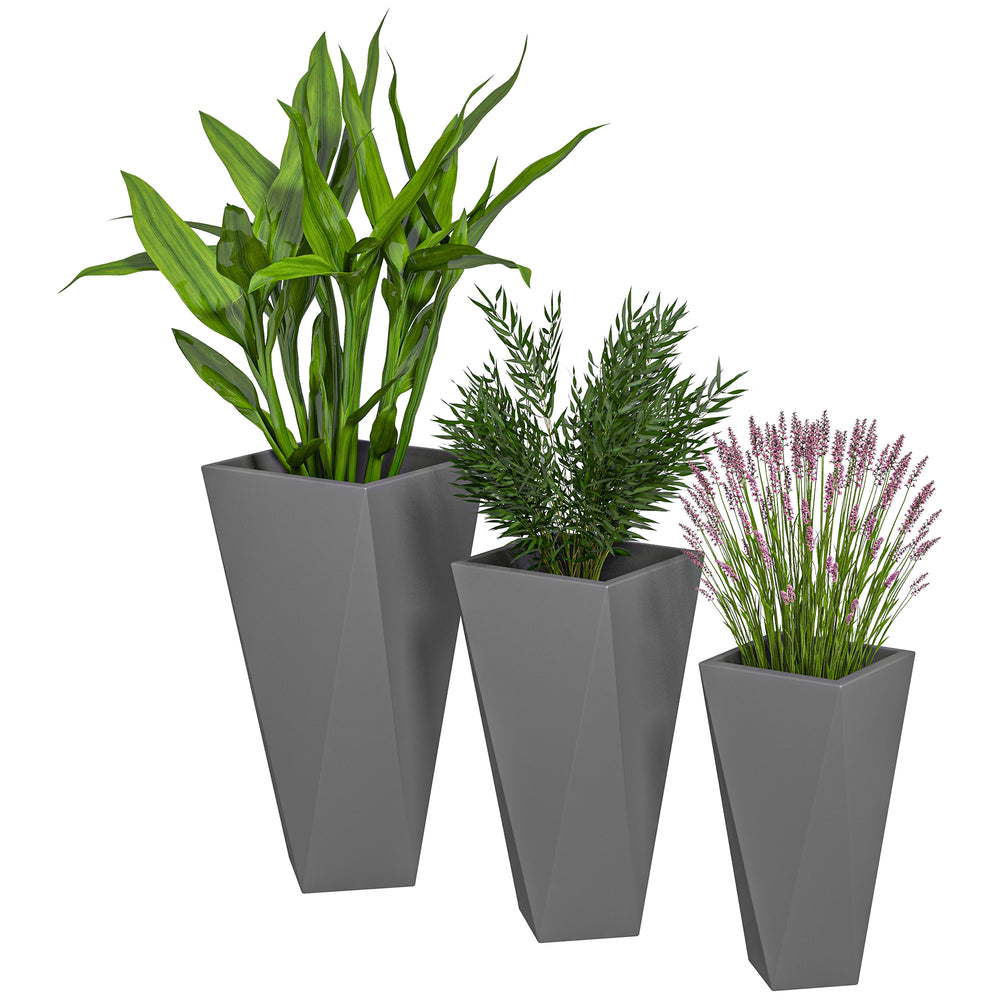 Outsunny Set of 3 Tall Planters, 28.75", 24.5", 20.5", MgO Indoor Outdoor Planters with Drainage Holes, Stackable Flower Pots for Garden, Patio, Balcony, Front Door, Gray