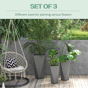 Outsunny Set of 3 Tall Planters, 28.75", 24.5", 20.5", MgO Indoor Outdoor Planters with Drainage Holes, Stackable Flower Pots for Garden, Patio, Balcony, Front Door, Gray