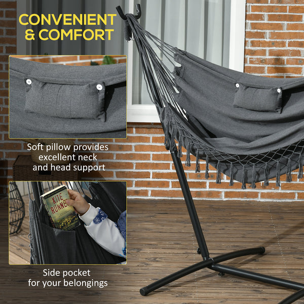 Patio Hammock Chair with Stand, Outdoor Hammock Swing Hanging Lounge Chair with Side Pocket and Headrest, Dark Grey