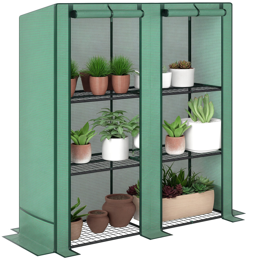 Lean-to Greenhouse with 3 Tier Shelves, 56.7" x 18.9" x 59.8" Portable Small Greenhouse with PE Cover, 2 Roll-Up Zippered Doors, for Indoor Outdoor Garden Backyard Balcony, Green