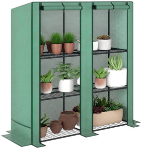 Lean-to Greenhouse with 3 Tier Shelves, 56.7" x 18.9" x 59.8" Portable Small Greenhouse with PE Cover, 2 Roll-Up Zippered Doors, for Indoor Outdoor Garden Backyard Balcony, Green