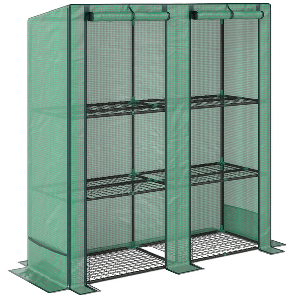 Lean-to Greenhouse with 3 Tier Shelves, 56.7" x 18.9" x 59.8" Portable Small Greenhouse with PE Cover, 2 Roll-Up Zippered Doors, for Indoor Outdoor Garden Backyard Balcony, Green