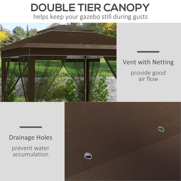 Outsunny 12' x 12' Pop Up Canopy Tent with Netting and Carry Bag, Instant Sun Shelter with 137 sq.ft Shade, Tents for Parties, Height Adjustable, for Outdoor, Garden, Patio, Dark Brown