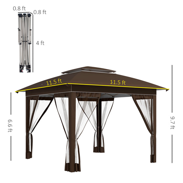 Outsunny 12' x 12' Pop Up Canopy Tent with Netting and Carry Bag, Instant Sun Shelter with 137 sq.ft Shade, Tents for Parties, Height Adjustable, for Outdoor, Garden, Patio, Dark Brown