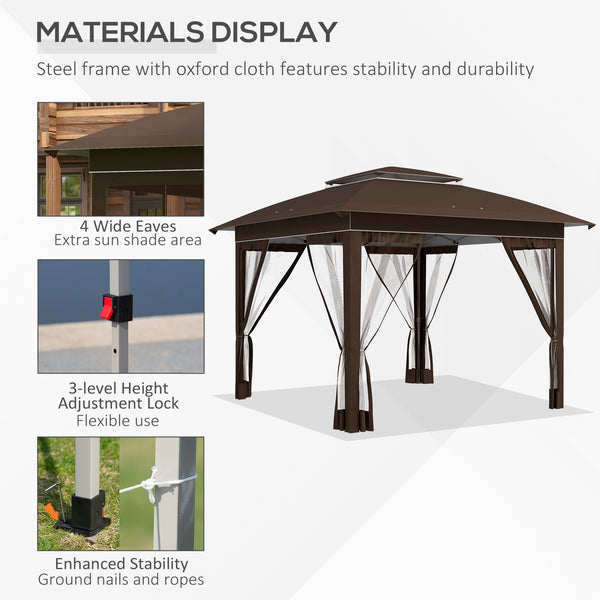 Outsunny 12' x 12' Pop Up Canopy Tent with Netting and Carry Bag, Instant Sun Shelter with 137 sq.ft Shade, Tents for Parties, Height Adjustable, for Outdoor, Garden, Patio, Dark Brown