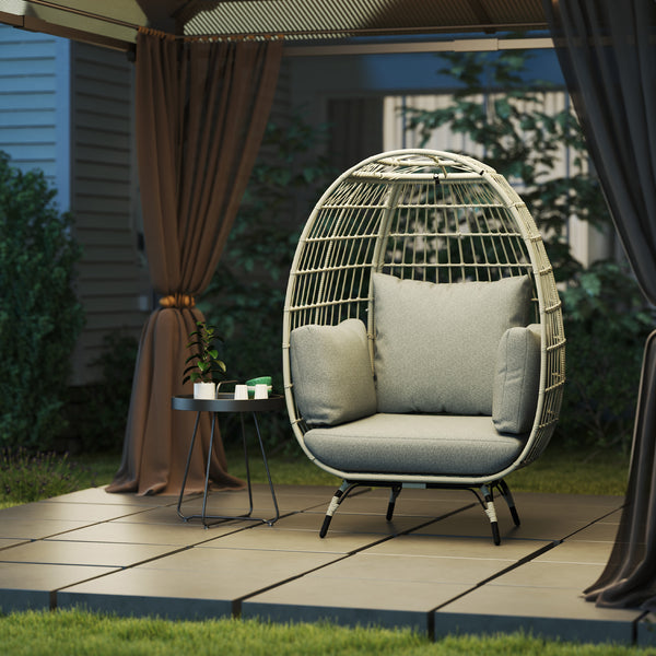 Oversized Garden Egg Chair, Outdoor Wicker PE Rattan Chair with Thickened Padded Cushions and Pillows for Balcony, Porch, Charcoal Grey