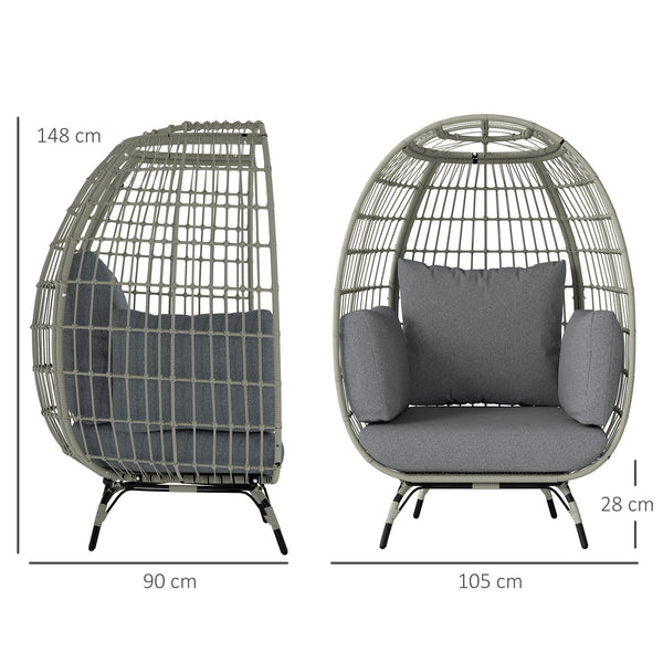 Oversized Garden Egg Chair, Outdoor Wicker PE Rattan Chair with Thickened Padded Cushions and Pillows for Balcony, Porch, Charcoal Grey