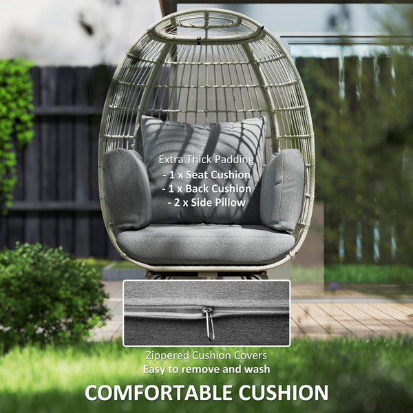 Oversized Garden Egg Chair, Outdoor Wicker PE Rattan Chair with Thickened Padded Cushions and Pillows for Balcony, Porch, Charcoal Grey