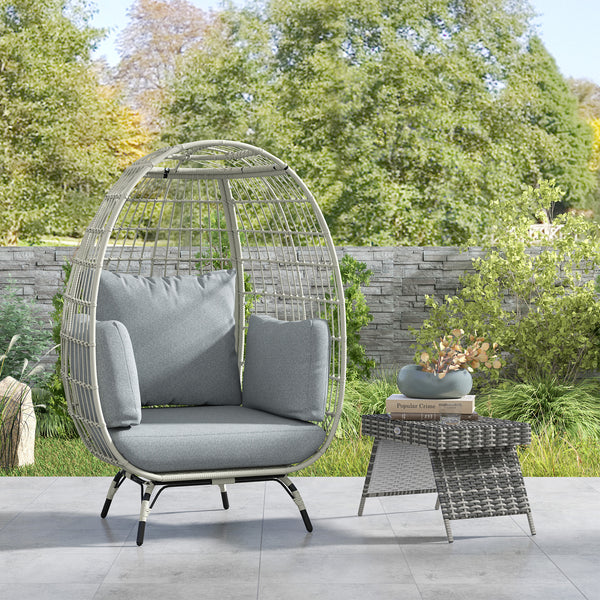 Oversized Garden Egg Chair, Outdoor Wicker PE Rattan Chair with Thickened Padded Cushions and Pillows for Balcony, Porch, Charcoal Grey