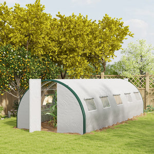 Outsunny 25' x 10' x 6.6' Walk-in Tunnel Greenhouse with Upgraded Structure, Outdoor Green House with 2 Hinged Doors, 10 Mesh Windows, Gardening Plant Warm House Tent, White