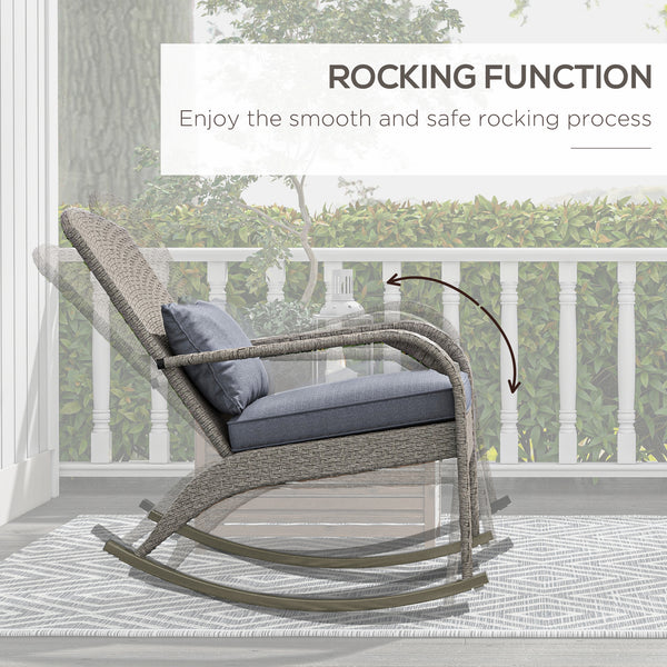 Outdoor Wicker Adirondack Rocking Chair, Patio Rattan Rocker Chair with High Back, Seat Cushion and Pillow for Garden, Porch, Balcony, Grey