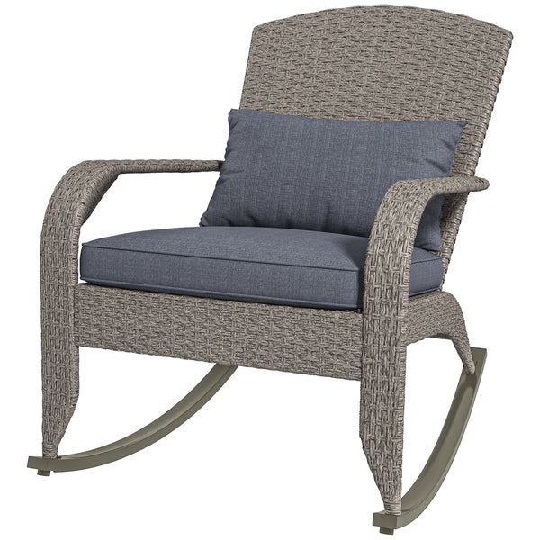 Outdoor Wicker Adirondack Rocking Chair, Patio Rattan Rocker Chair with High Back, Seat Cushion and Pillow for Garden, Porch, Balcony, Grey