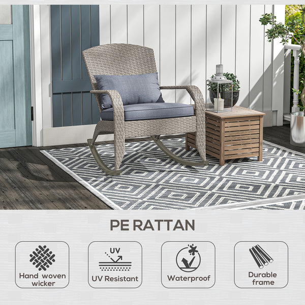 Outdoor Wicker Adirondack Rocking Chair, Patio Rattan Rocker Chair with High Back, Seat Cushion and Pillow for Garden, Porch, Balcony, Grey