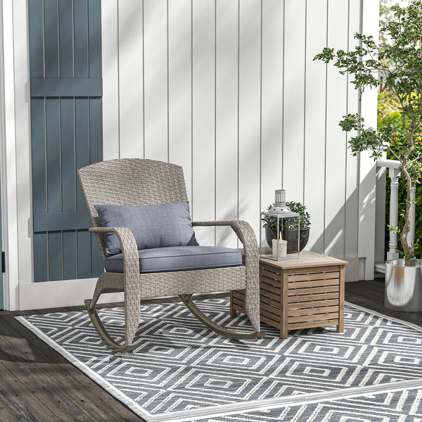Outdoor Wicker Adirondack Rocking Chair, Patio Rattan Rocker Chair with High Back, Seat Cushion and Pillow for Garden, Porch, Balcony, Grey