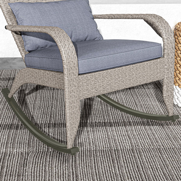 Outdoor Wicker Adirondack Rocking Chair, Patio Rattan Rocker Chair with High Back, Seat Cushion and Pillow for Garden, Porch, Balcony, Grey