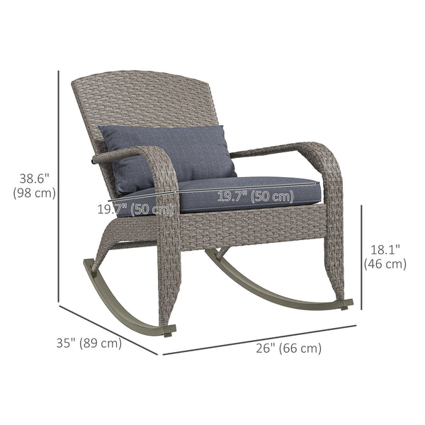 Outdoor Wicker Adirondack Rocking Chair, Patio Rattan Rocker Chair with High Back, Seat Cushion and Pillow for Garden, Porch, Balcony, Grey